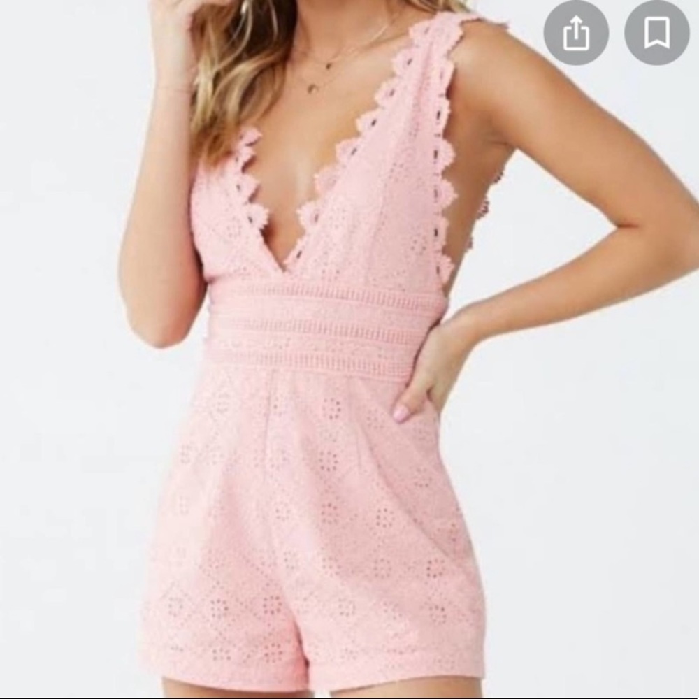 NWT Forever 21 pink eyelet romper plunging lined M - Picture 1 of 5